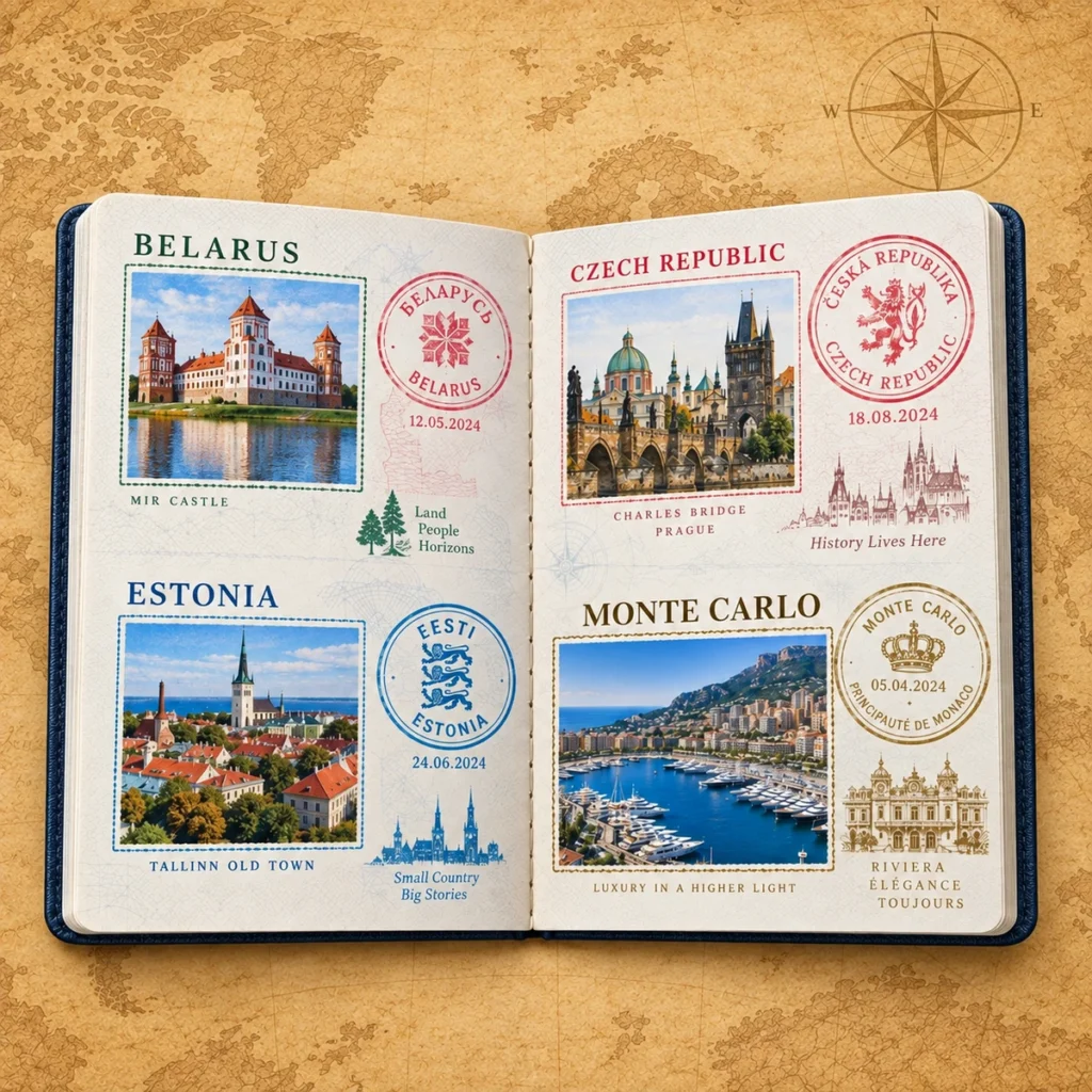 European city stamp passport book on an antique world map