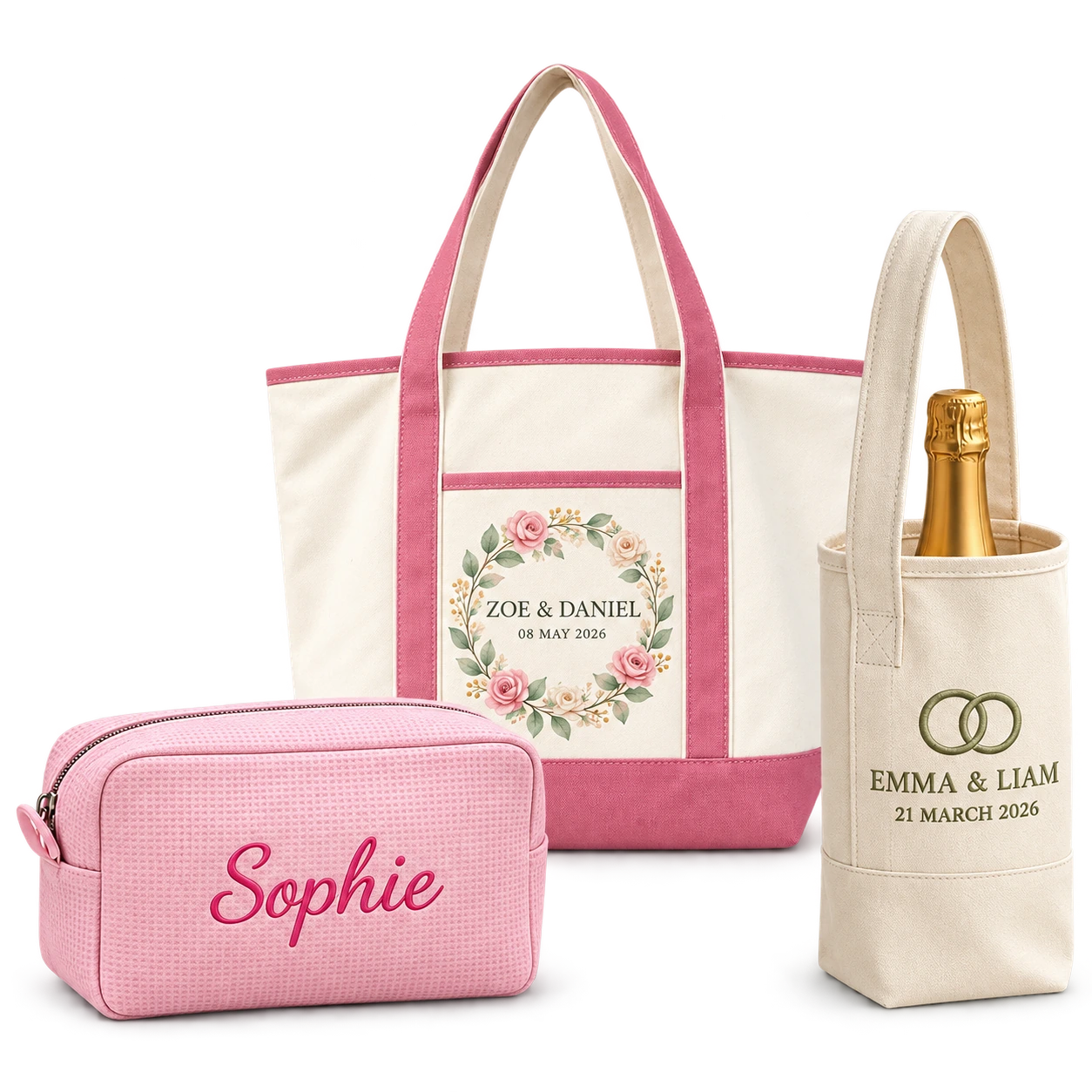 Personalized cosmetic bag, canvas wedding tote and wine tote bag