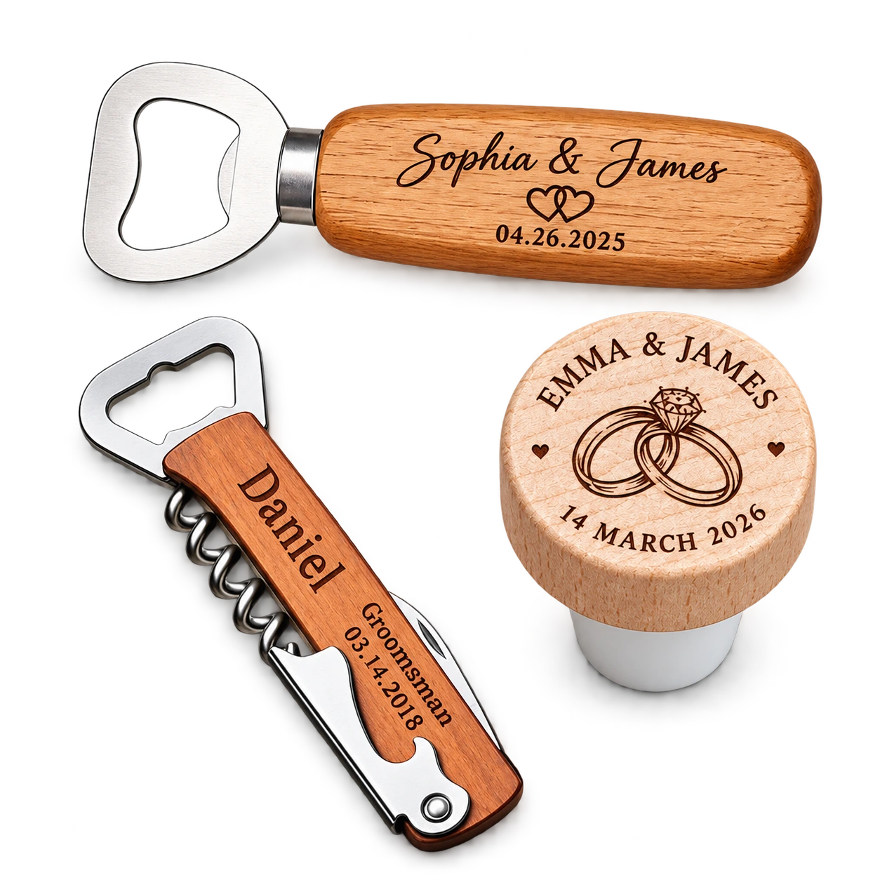 Personalized wooden bottle opener, wine stopper and engraved corkscrew opener