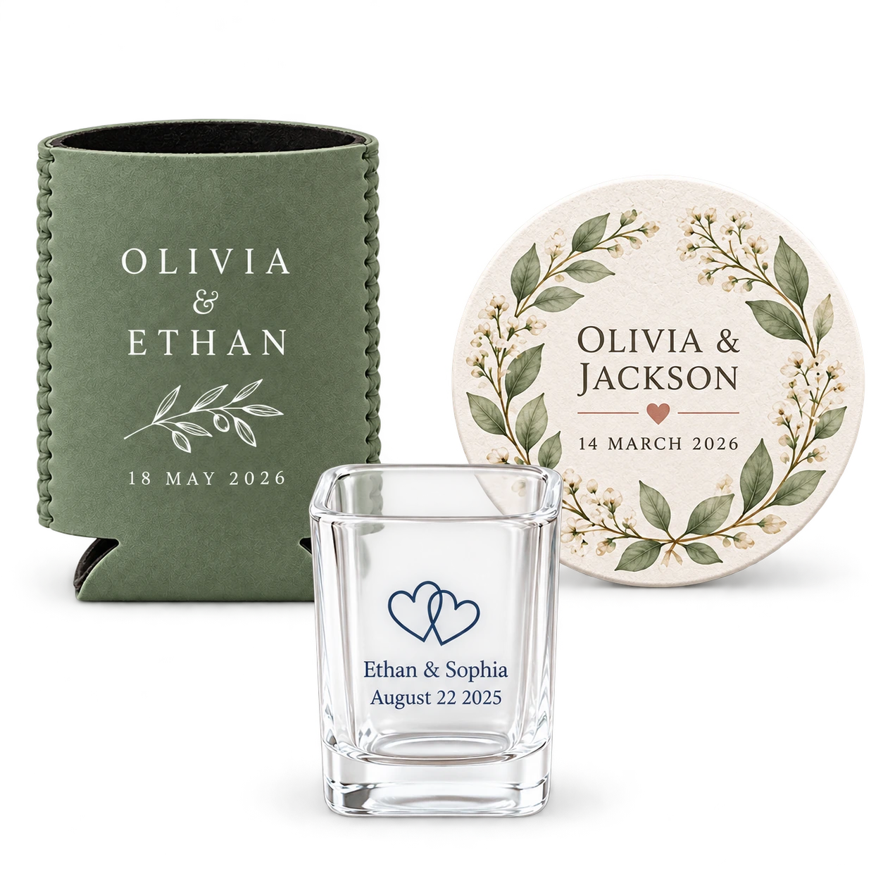 Personalized wedding can cooler, coaster and square shot glass