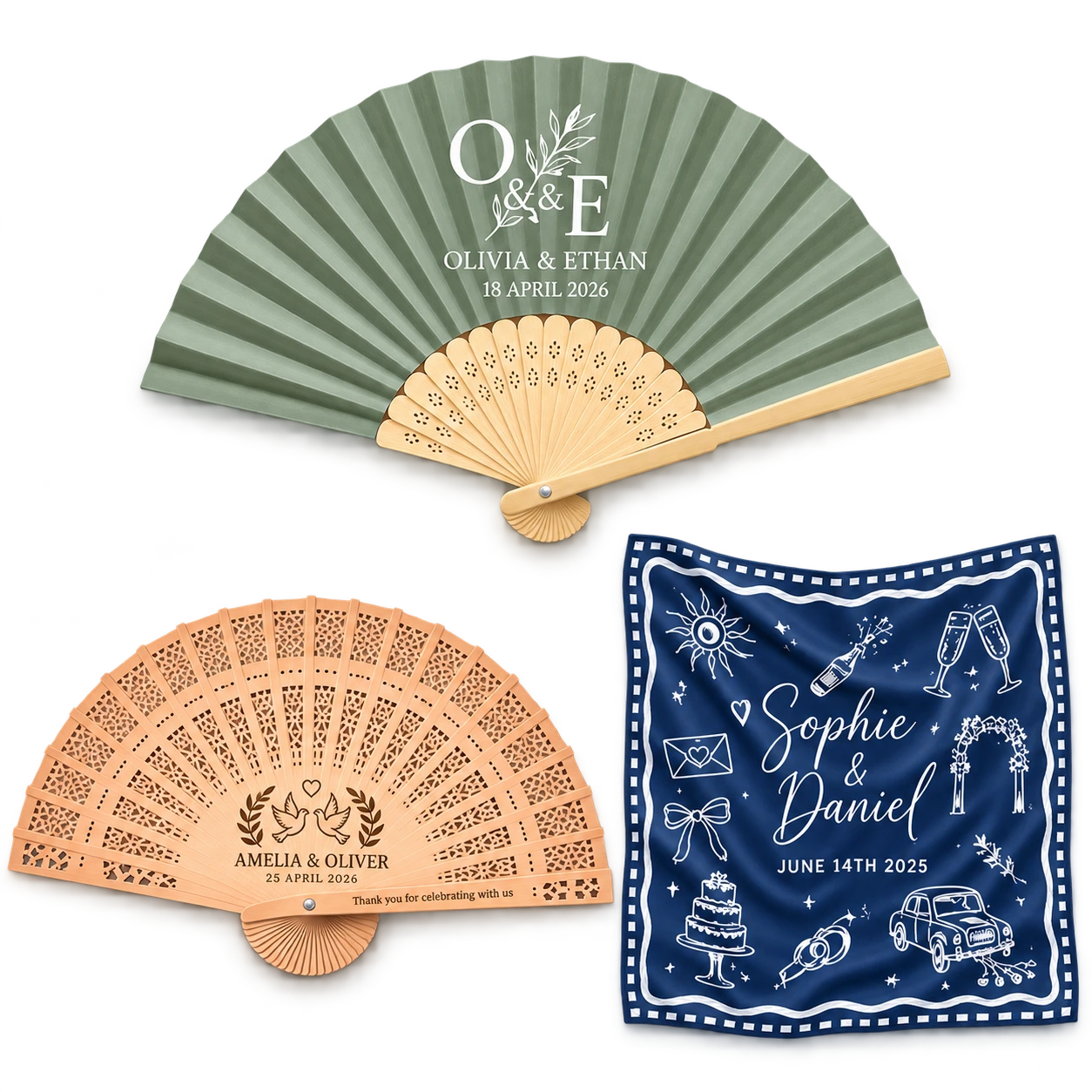 Personalized bamboo fan, sandalwood fan and wedding bandana scarf