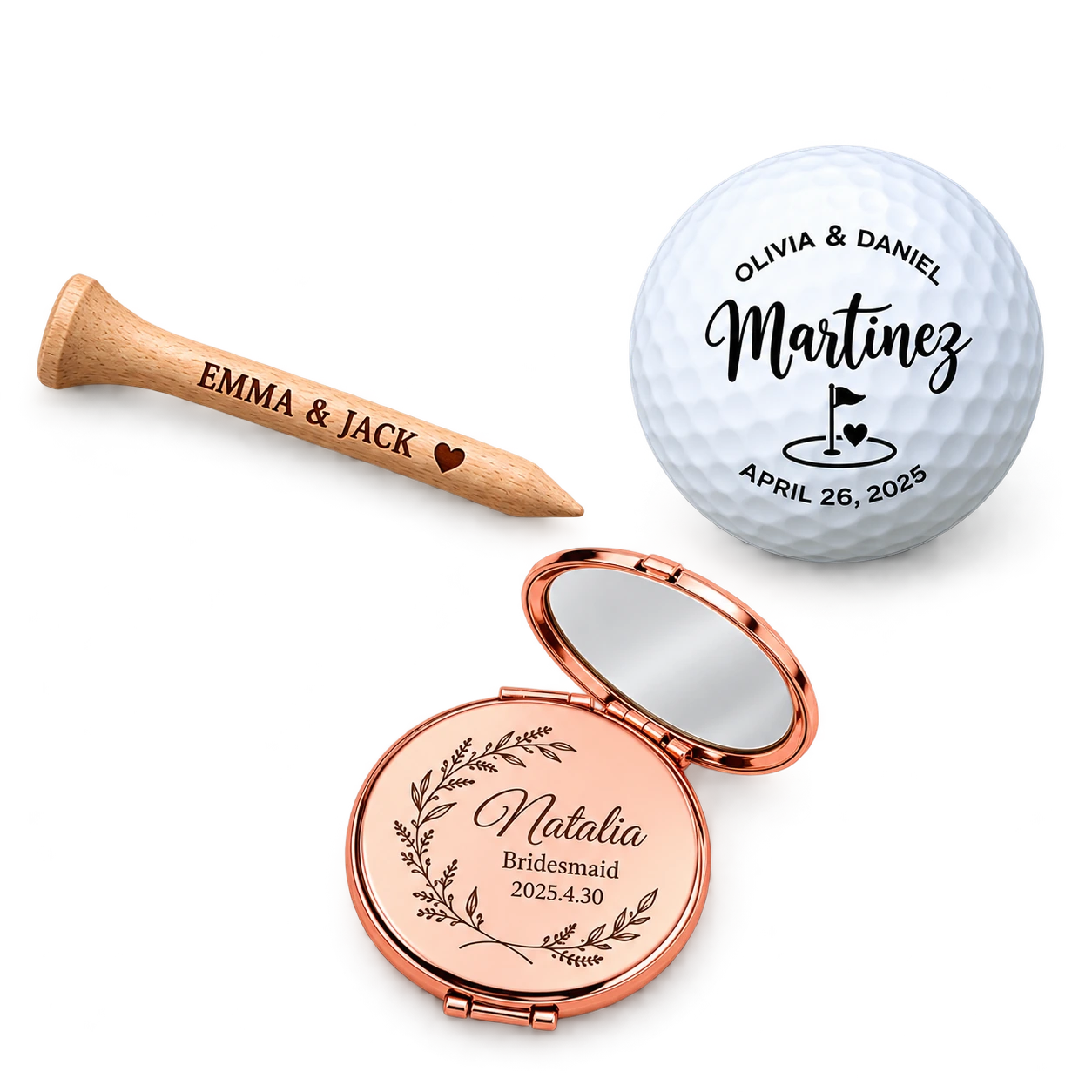 Personalized wedding golf tee, golf ball and mini makeup mirror