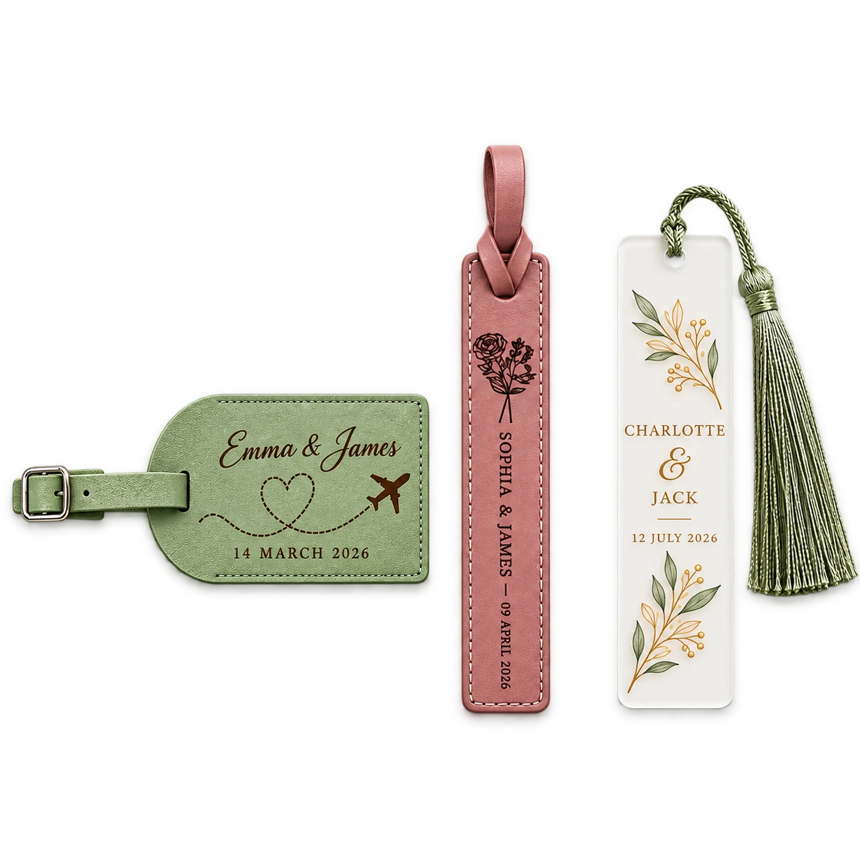 Personalized wedding luggage tag, leather bookmark and acrylic tassel bookmark