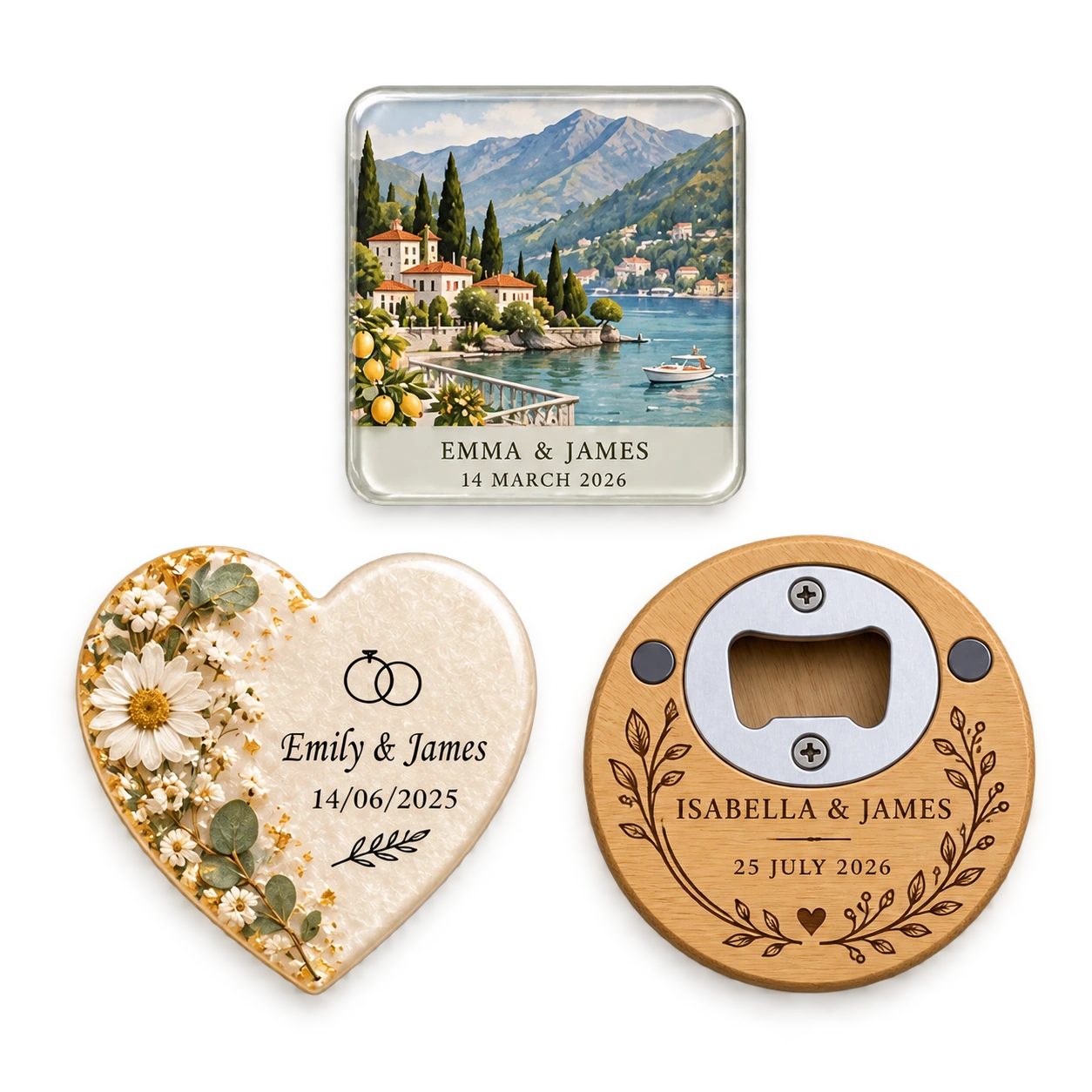 Acrylic venue magnet, resin heart magnet and bamboo bottle opener magnet