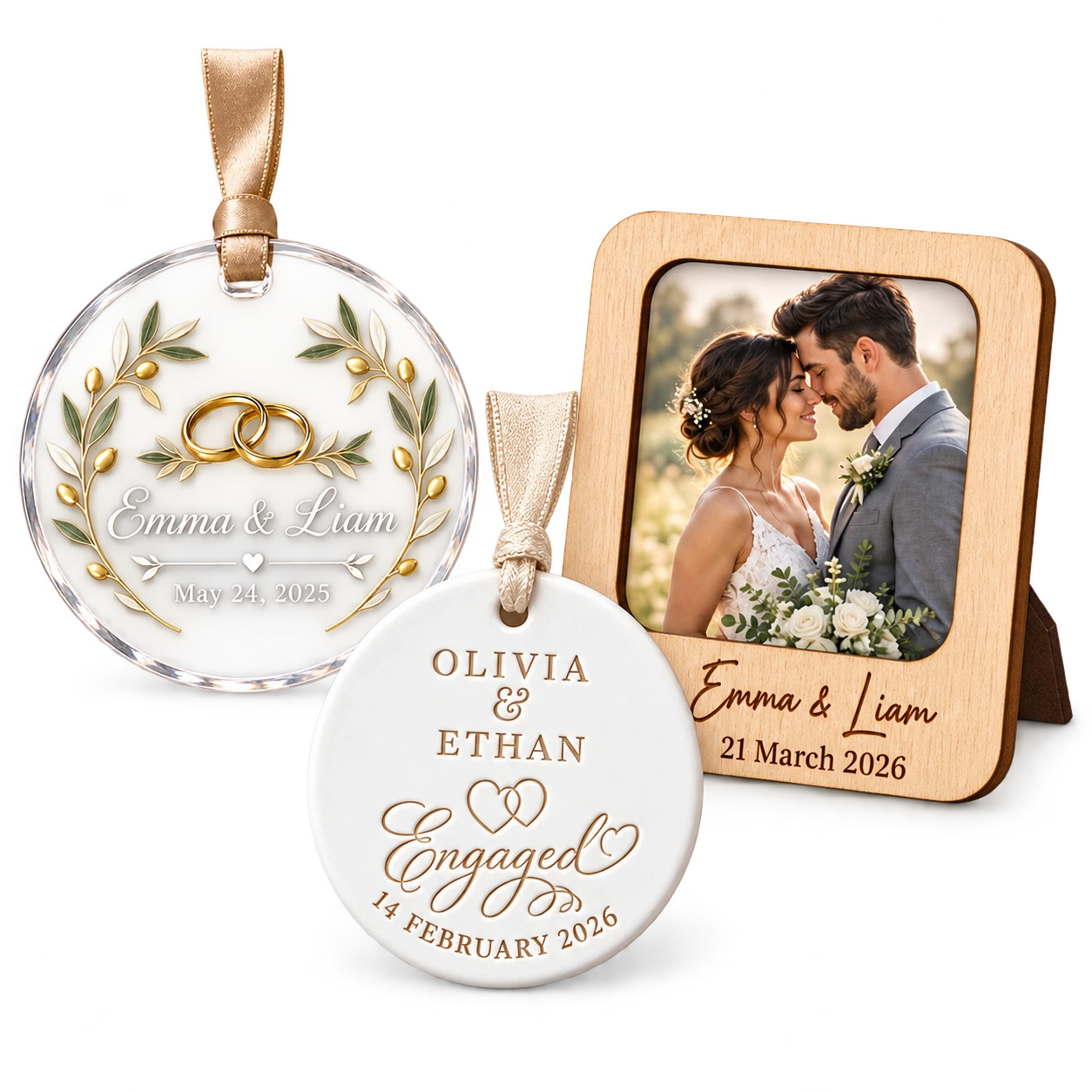 Acrylic and ceramic wedding ornaments with a personalized wooden photo frame