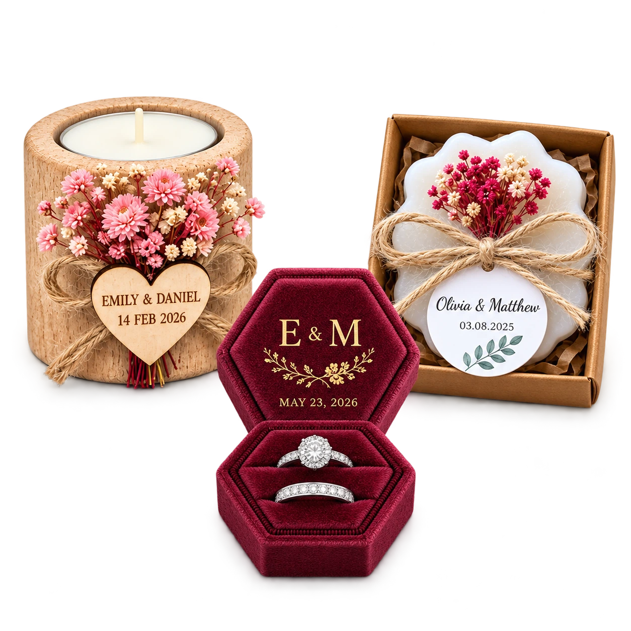 Personalized tealight holder, velvet ring box and floral soap favor