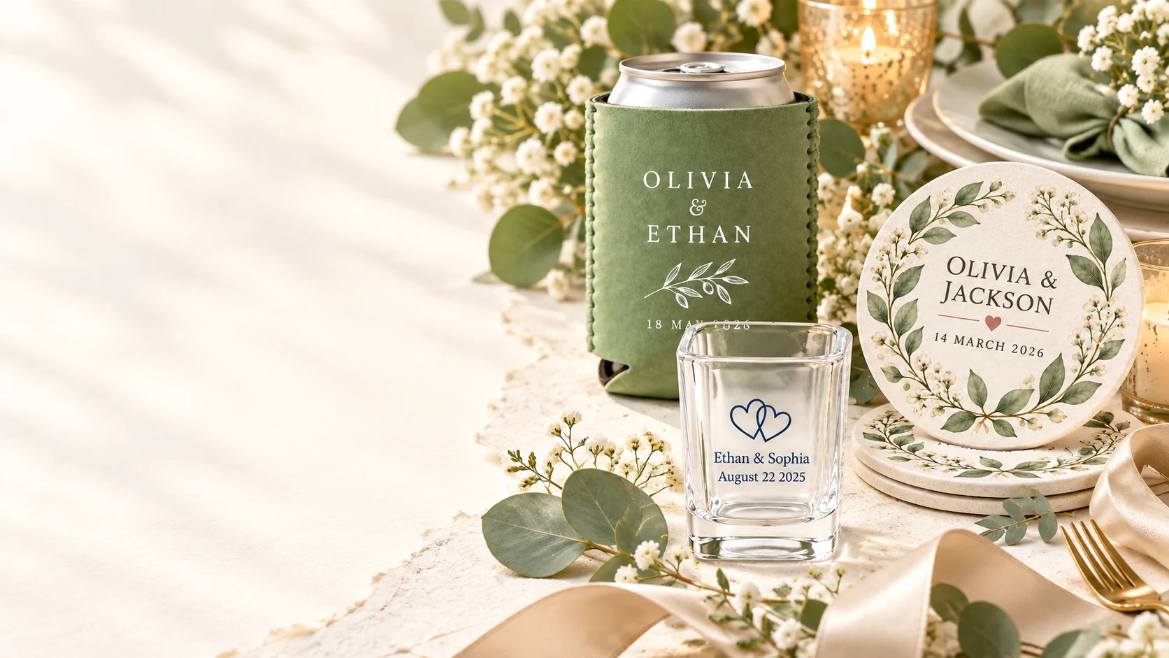 Custom Wedding Drinkware, Coasters & Tableware collection