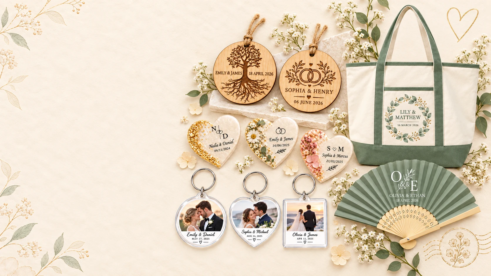 Custom wedding favors collection with wooden ornaments, resin heart magnets, acrylic photo keychains, bamboo fans and canvas tote bag