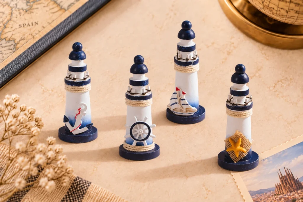Four blue and white wooden lighthouse souvenir ornaments