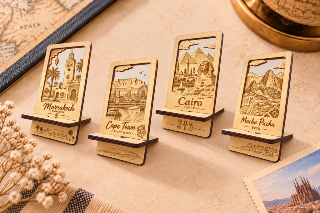 Wooden souvenir phone stands featuring Marrakech, Cape Town, Cairo and Machu Picchu
