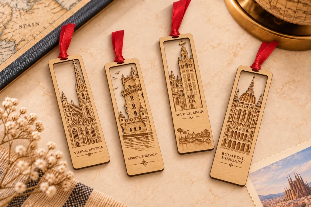Wooden landmark bookmarks with laser-cut architecture and red ribbons