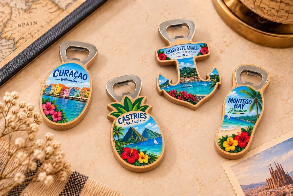 Wooden souvenir bottle openers with Caribbean destination artwork