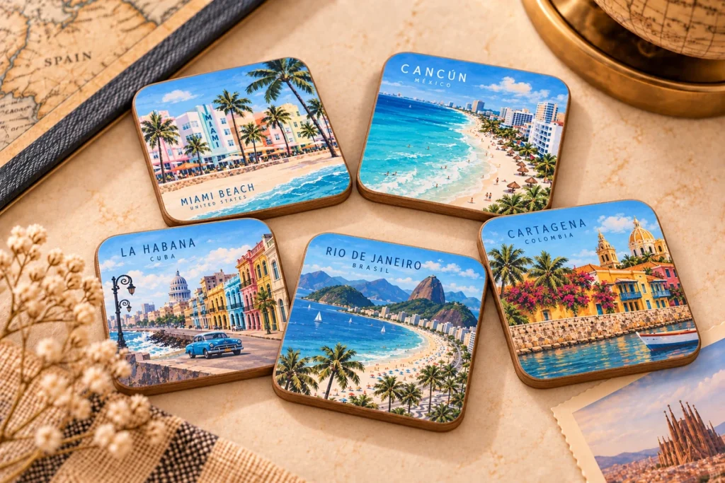 Wooden souvenir coasters featuring Miami, Cancun, Havana, Rio and Cartagena