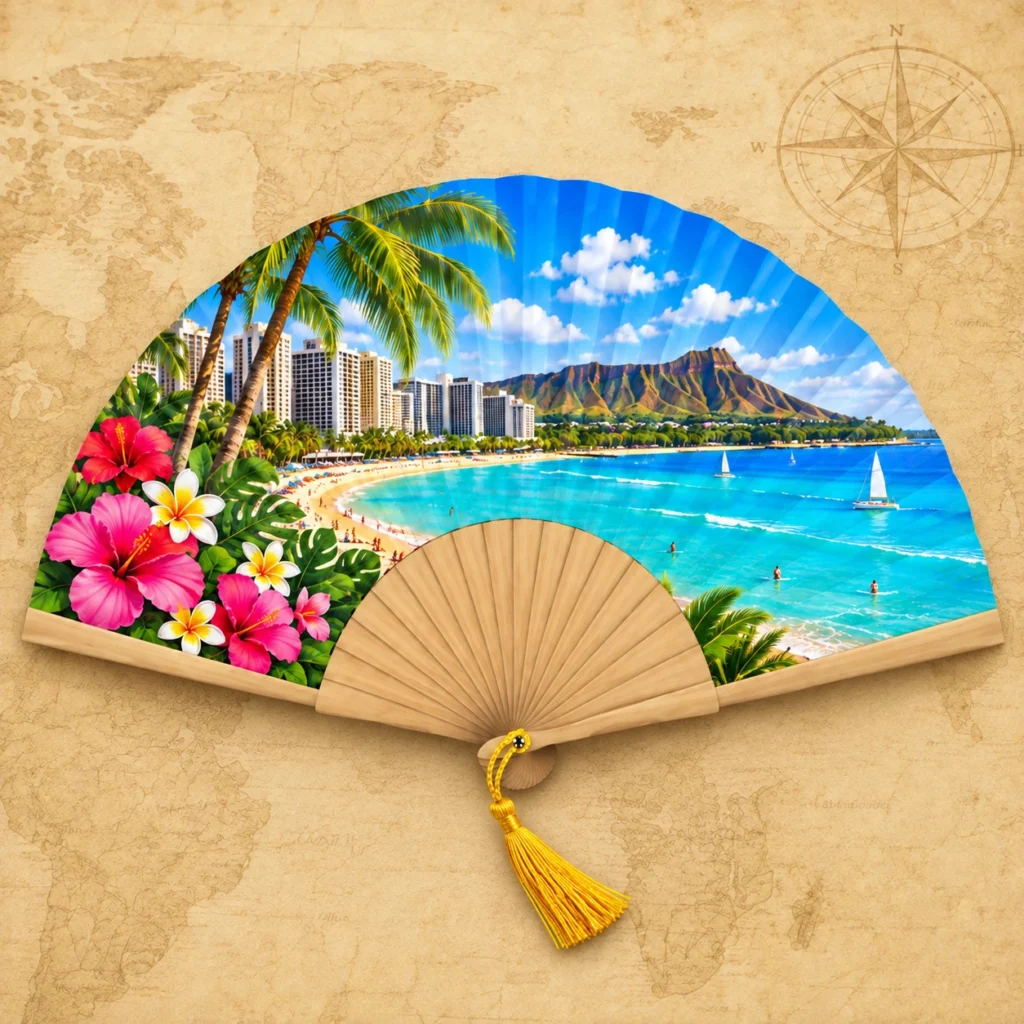 Waikiki Hawaii USA wooden souvenir fan