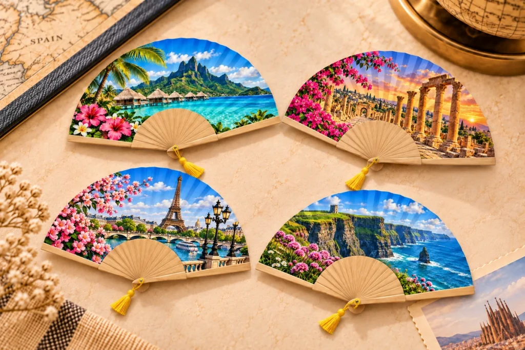 Wooden souvenir folding fans with tropical, historic and coastal scenes