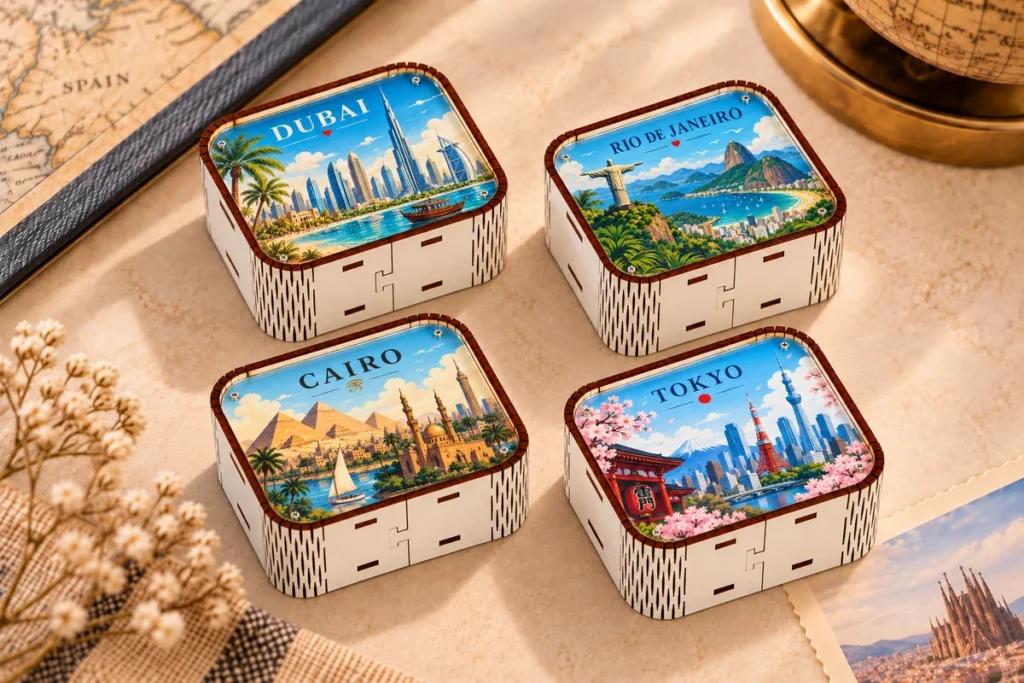 Wooden souvenir music boxes featuring Dubai, Rio, Cairo and Tokyo