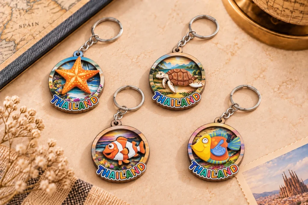 Thailand wooden souvenir keychains with starfish, turtle and tropical fish