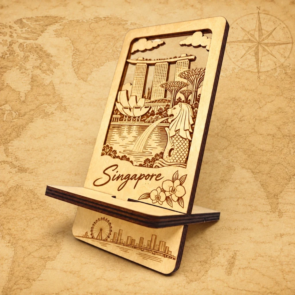 Singapore wooden souvenir phone stand