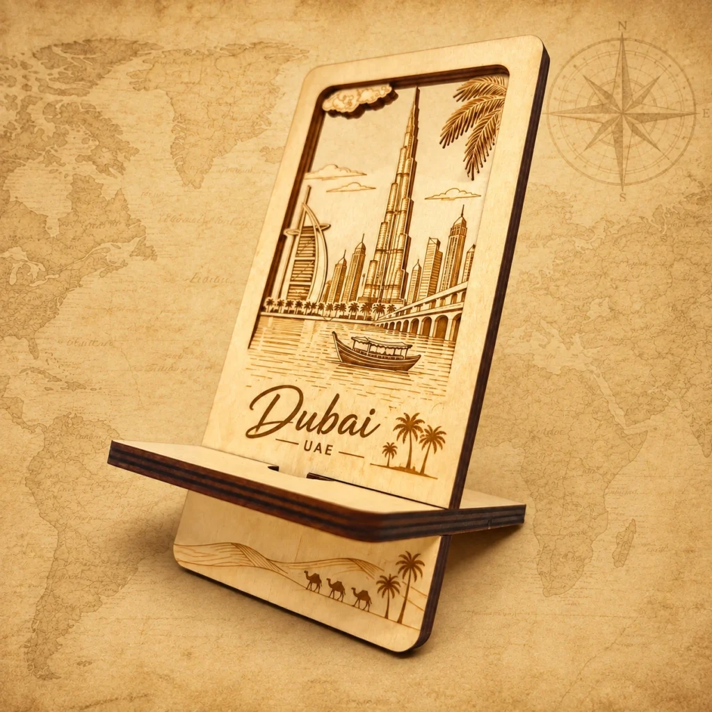 Dubai UAE wooden souvenir phone stand