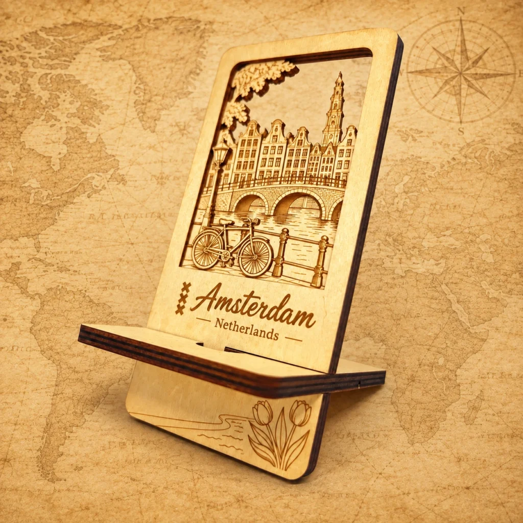 Amsterdam Netherlands wooden souvenir phone stand