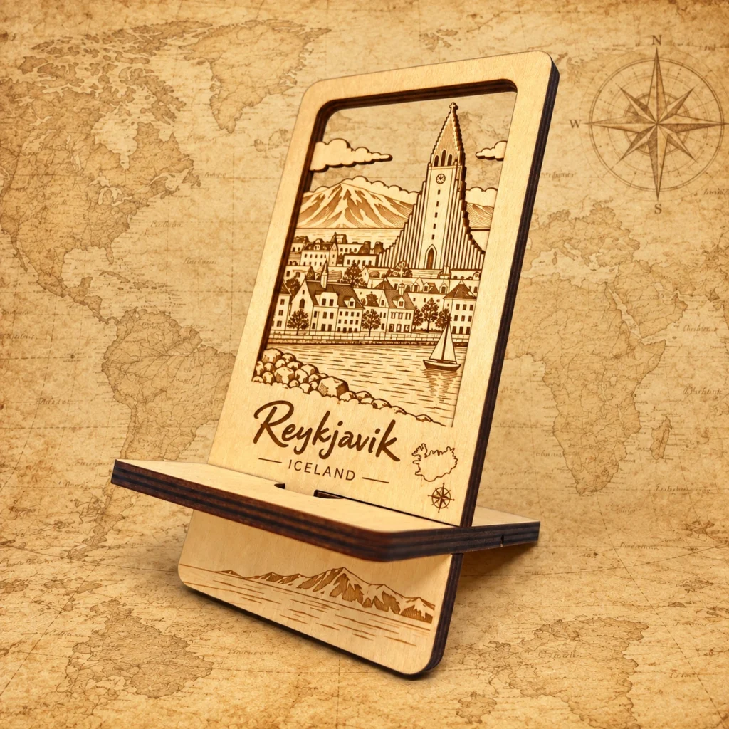 Reykjavik Iceland wooden souvenir phone stand