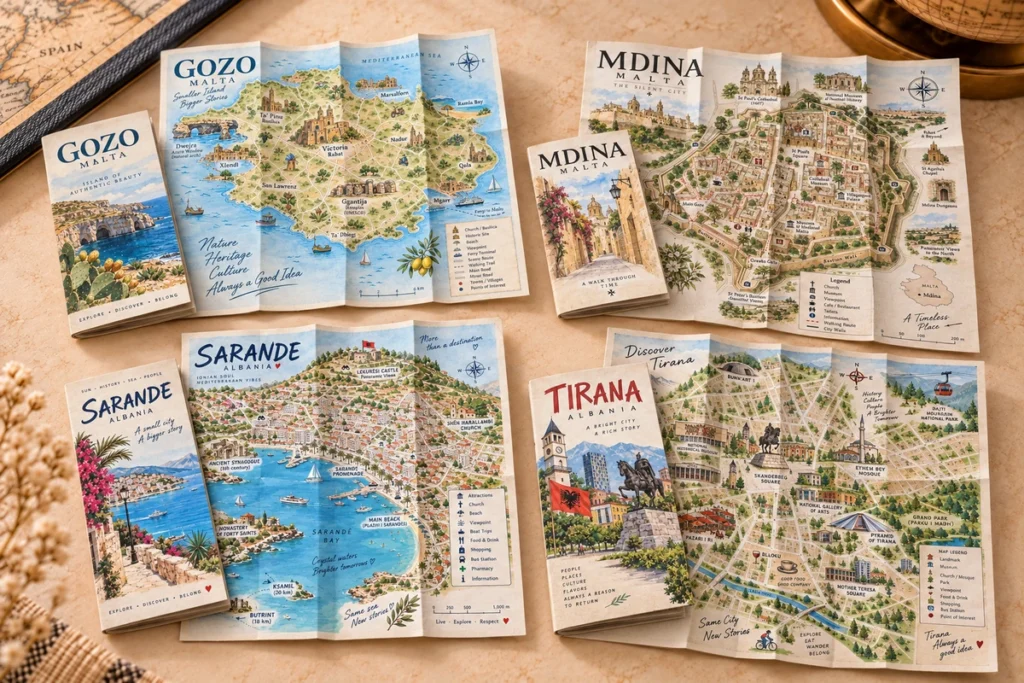 Illustrated tourist maps featuring Gozo, Mdina, Sarande and Tirana