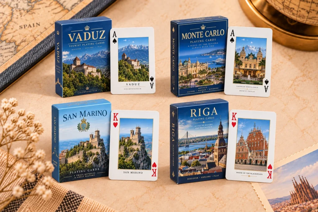 Tourist playing card sets featuring Vaduz, Monte Carlo, San Marino and Riga