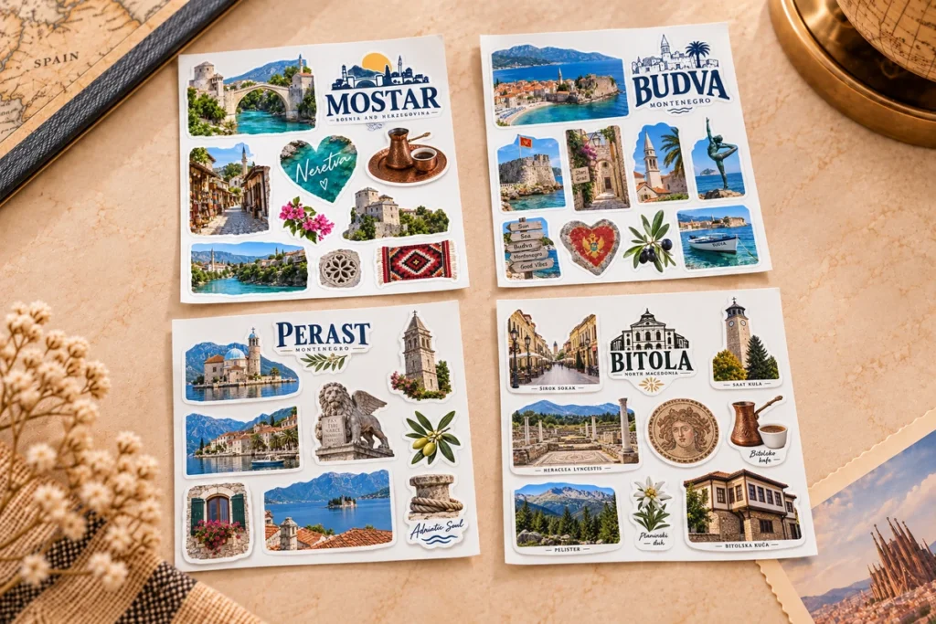 Destination sticker sheets featuring Mostar, Budva, Perast and Bitola