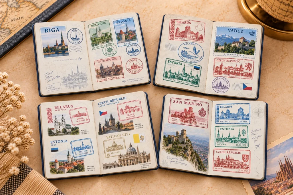 Travel stamp and passport books featuring Riga, Vaduz, Belarus and San Marino