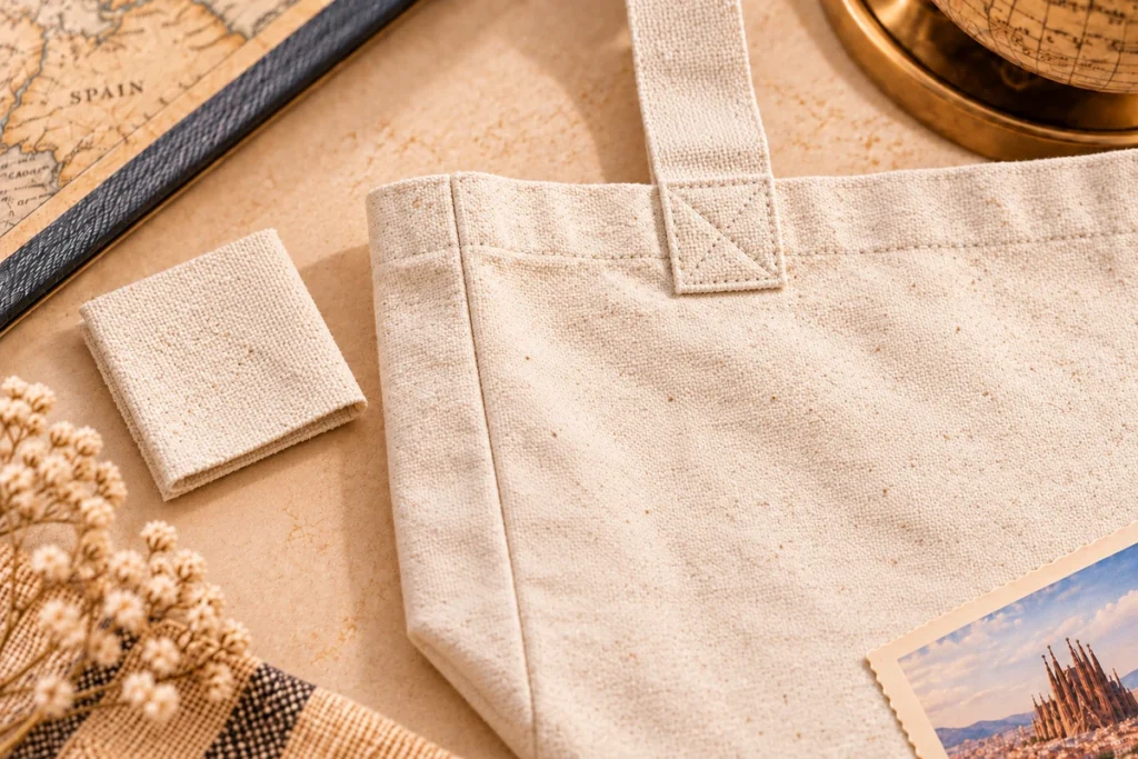 Close-up of unbleached cotton fibers, seed flecks, woven texture, stitching and canvas tote handle attachment