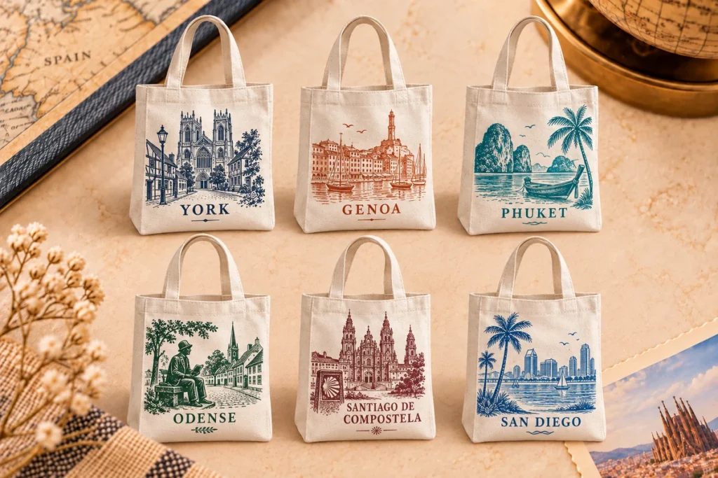 Unbleached cotton canvas souvenir bag concepts for York, Genoa, Phuket, Odense, Santiago de Compostela and San Diego