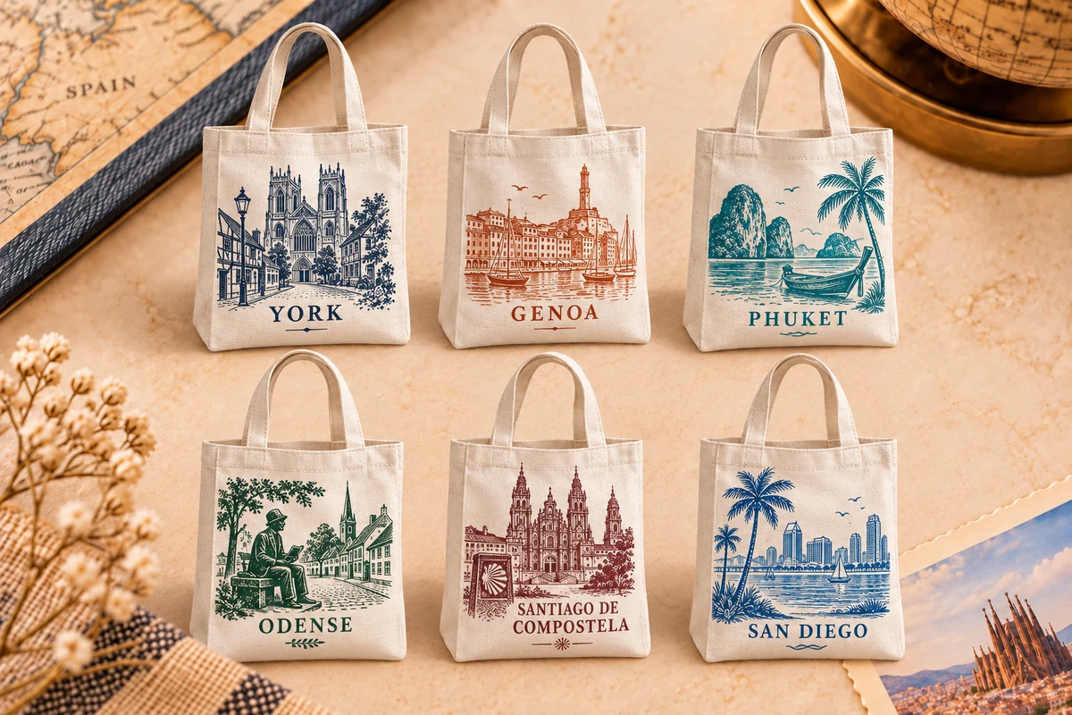 Unbleached cotton canvas souvenir bag concepts for York, Genoa, Phuket, Odense, Santiago de Compostela and San Diego