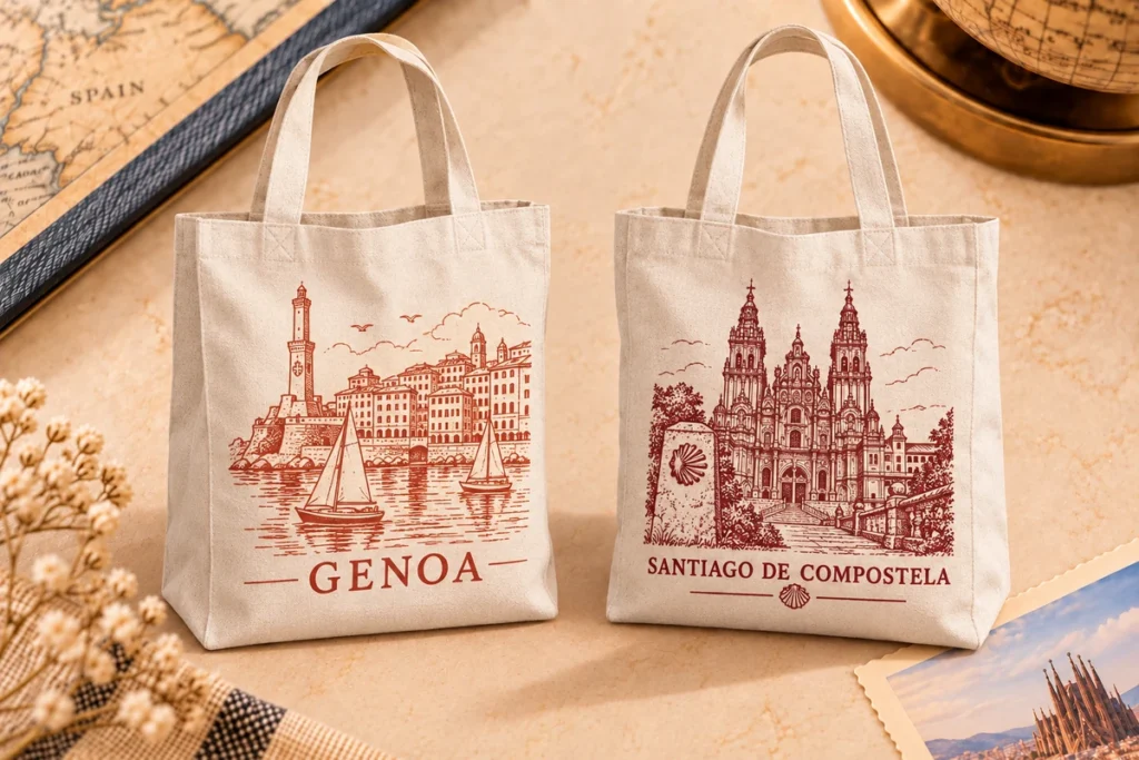 Natural cotton canvas souvenir bag concepts featuring Genoa and Santiago de Compostela