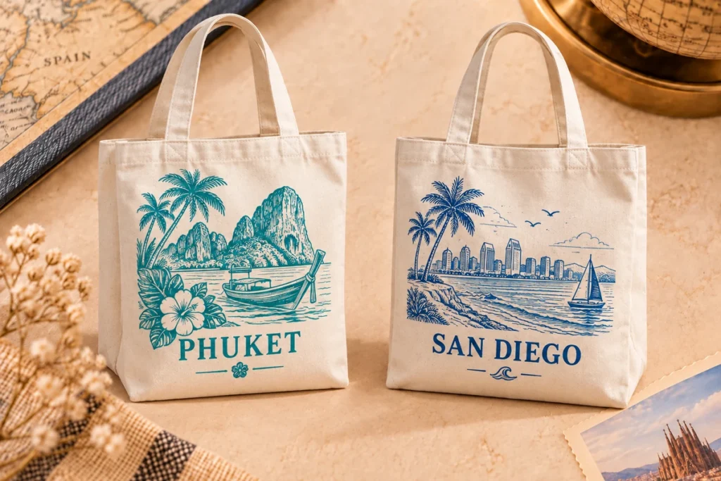 Natural cotton canvas souvenir bag concepts featuring Phuket and San Diego coastal artwork
