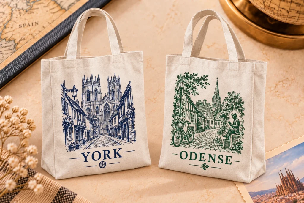 Natural cotton canvas souvenir bag concepts featuring York and Odense one-color city artwork