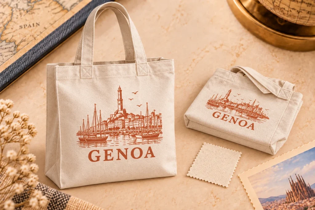 Printed Genoa canvas tote sample concept showing handles, gussets, stitching and folded construction