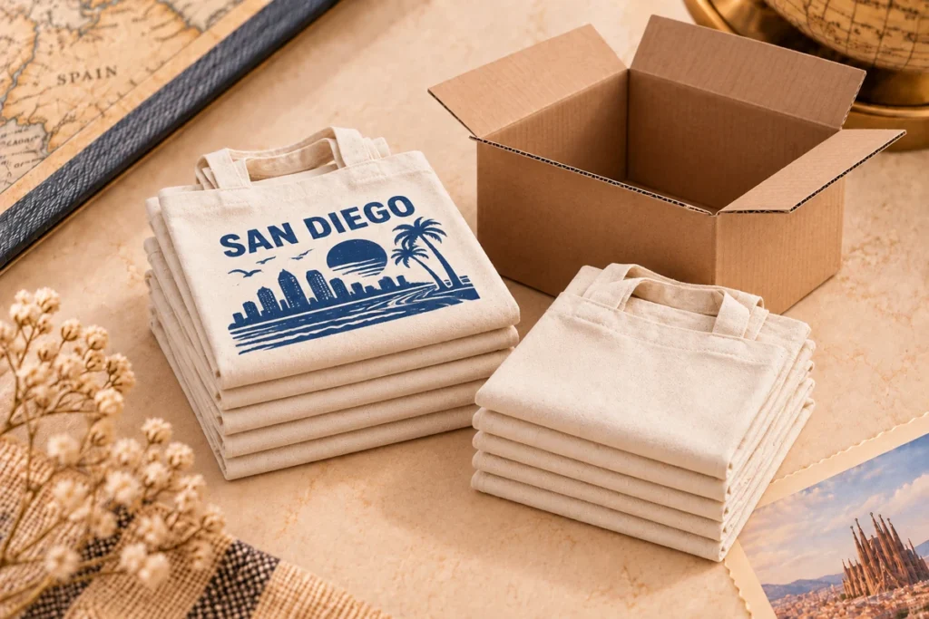 Folded natural cotton canvas bags and plain carton for bulk packing and freight planning