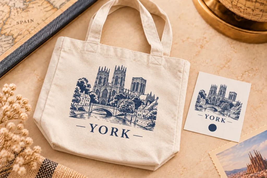 One-color York destination print and artwork proof on an unbleached cotton canvas tote bag