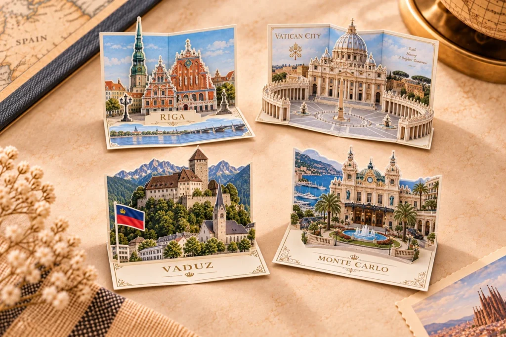 Three-dimensional landmark cards featuring Riga, Vatican City, Vaduz and Monte Carlo