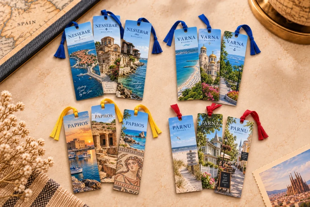Paper souvenir bookmarks featuring Nessebar, Varna, Paphos and Parnu with colored tassels