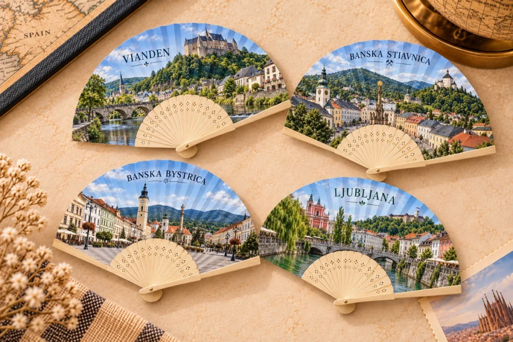 Paper folding fans featuring Vianden, Banska Stiavnica, Banska Bystrica and Ljubljana