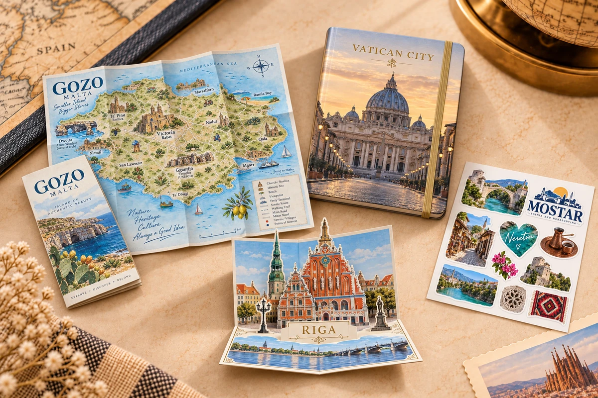 Custom paper souvenirs collection with tourist map, travel notebook, pop-up card and destination sticker sheet
