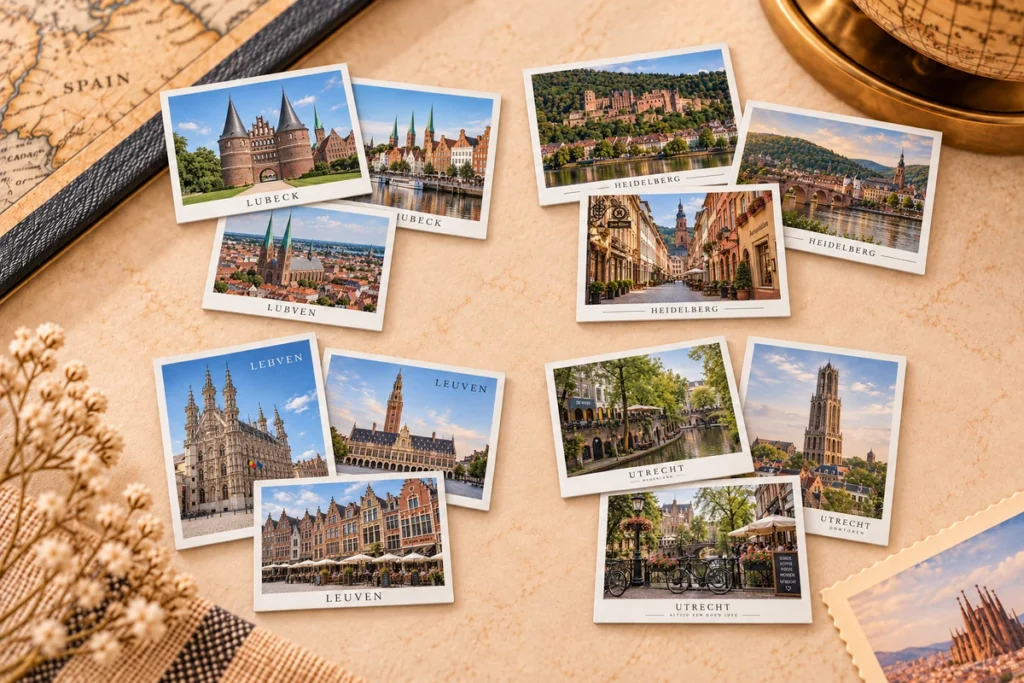 Tourist postcards featuring Lubeck, Heidelberg, Leuven and Utrecht