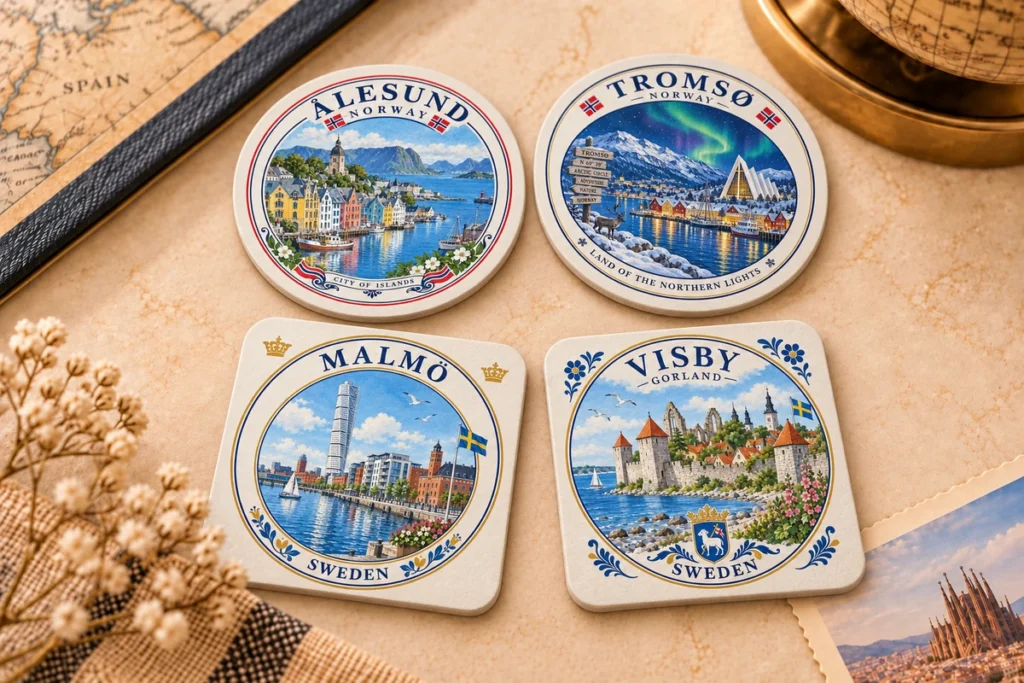 Paper souvenir coasters featuring Alesund, Tromso, Malmo and Visby