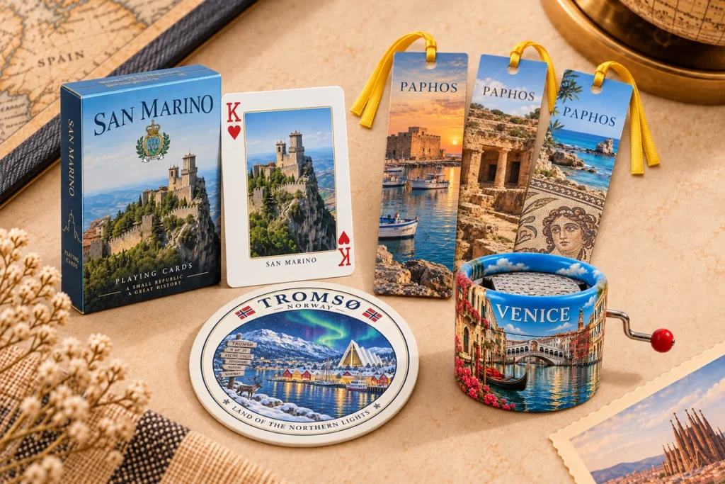Paper souvenir packaging and quality details on cards, bookmarks, coaster and music box