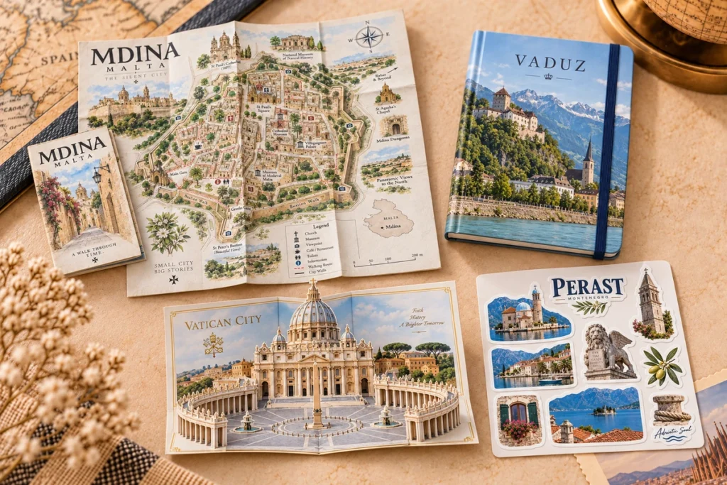 Paper souvenir printing and construction details on map, notebook, pop-up card and sticker sheet
