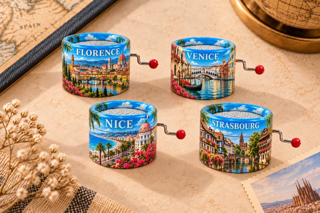Paper-wrapped souvenir music boxes featuring Florence, Venice, Nice and Strasbourg