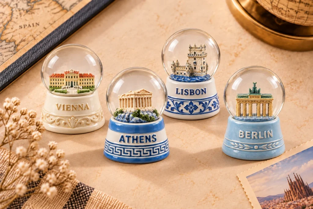Custom ceramic souvenir snow globes featuring Vienna, Athens, Lisbon and Berlin